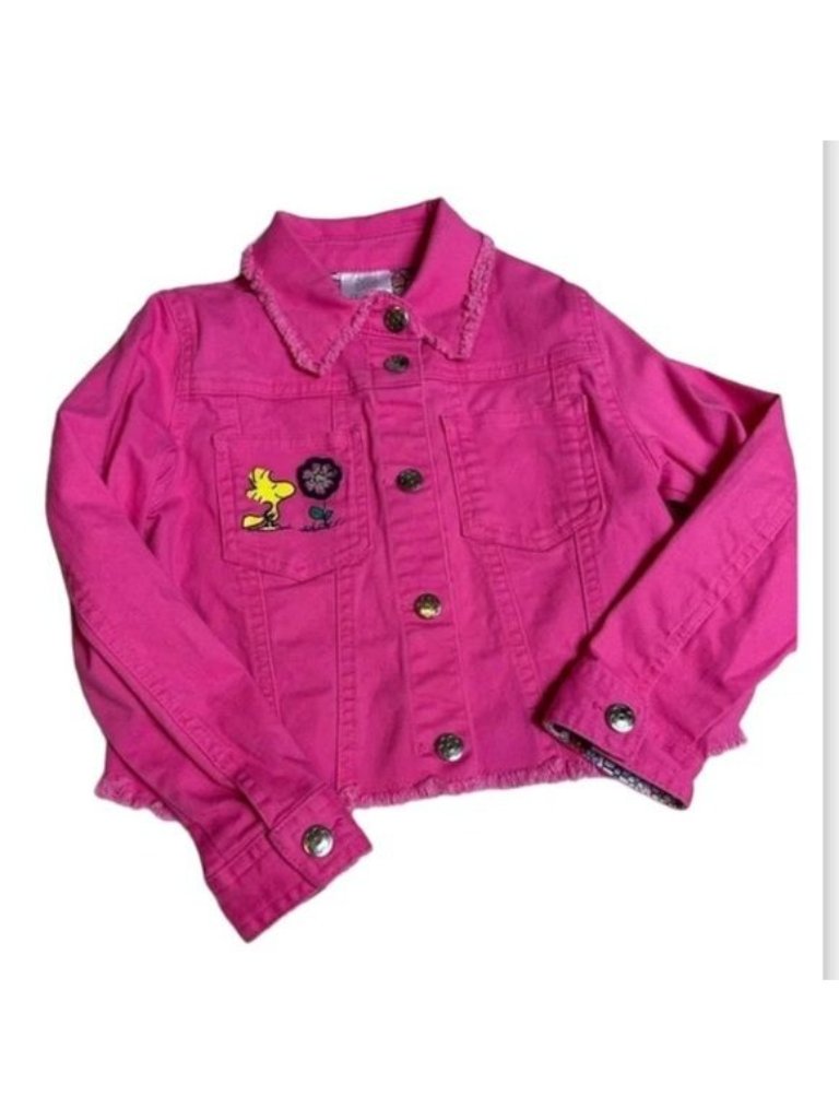 Peanuts Snoopy Woodstock Pink Denim Jacket With Floral Details